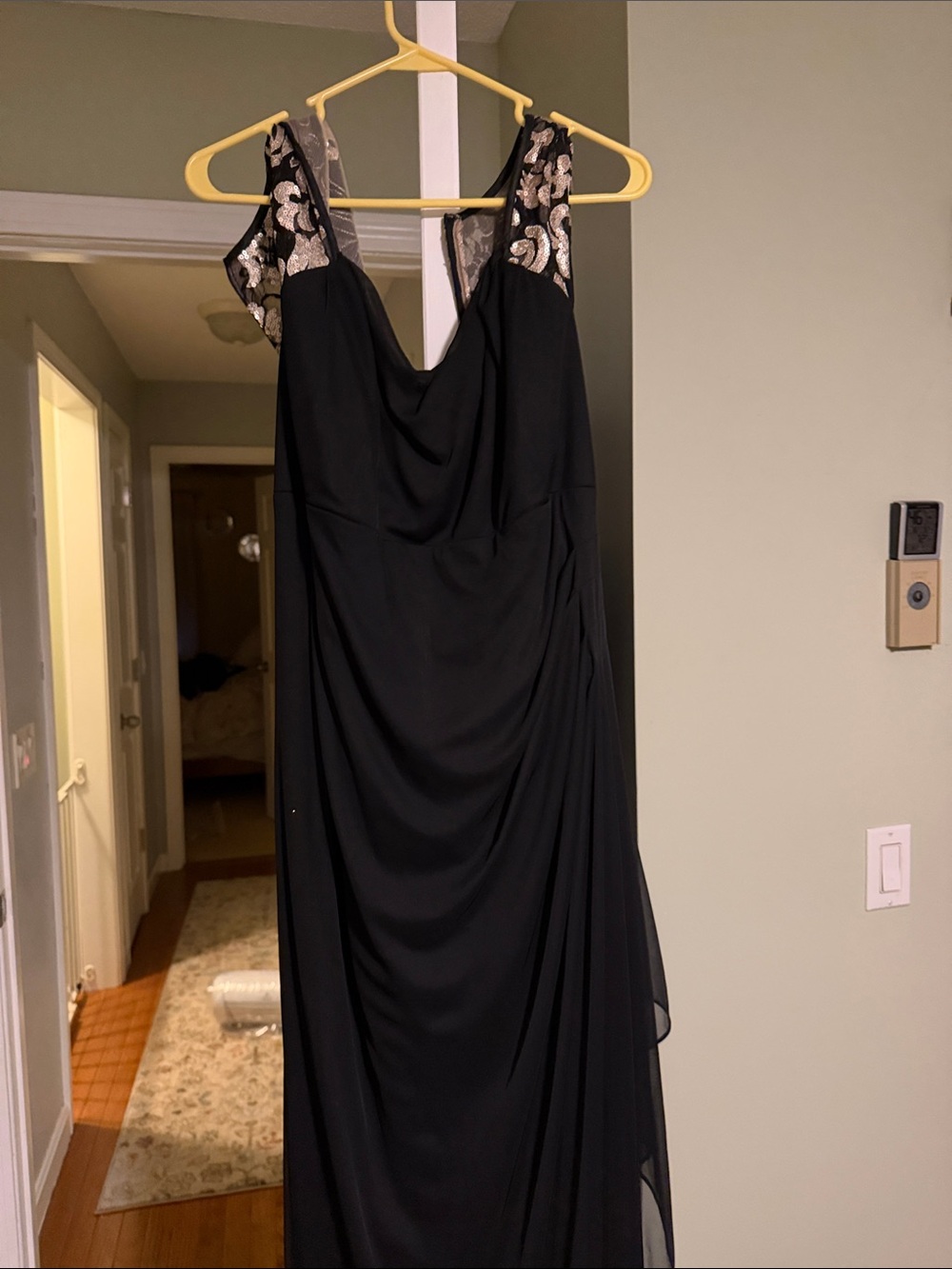 Black Maxi Evening Dress with Embroidered Metallic Straps